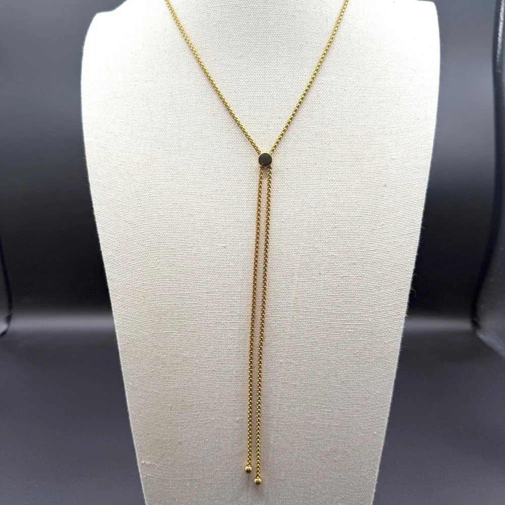 Gold Tone Adjustable Bolo Lariat Necklace Box Chain Tassel Minimalist Jewelry